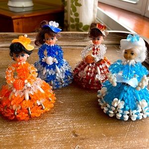 Vintage Set of 4 Beaded Safety Pin Dolls